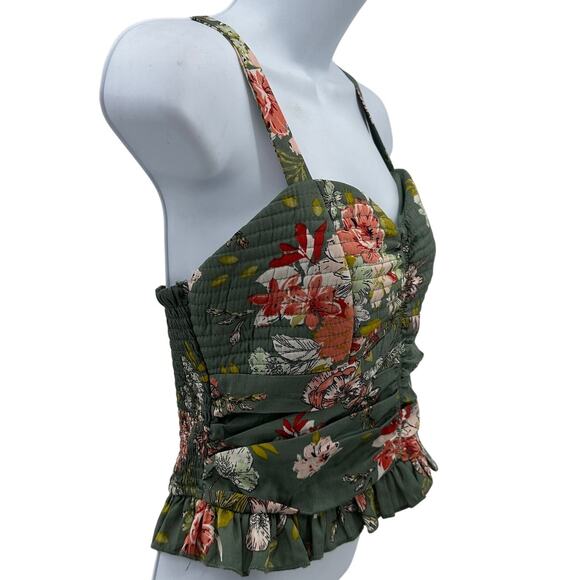 BOG Collective Crop Top SZ M Sage Blush Smocked Floral Ruffle Hem Ruched Stretch - Picture 2 of 9